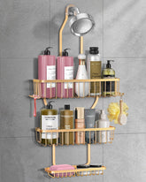 MSAICOE front view of gold aluminum shower caddy showing three baskets and six hooks, durable storage