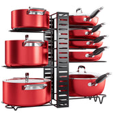 MUDEELA front view of under-cabinet rack showing organized cookware and easy access