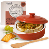 Muldale brie baker front view showing red ceramic and handles, elegant serving