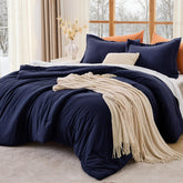 MUXHOMO front view of navy comforter set showing clean styling and easy refresh benefit