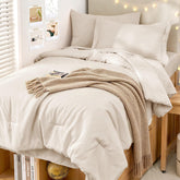 MUXHOMO front view of beige comforter set showing coordinated pieces and neat styling