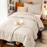 MUXHOMO front view showing beige comforter and tidy fit for visual appeal