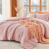 MUXHOMO front view of queen comforter set shows smooth rose gold finish and coordinated look