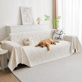 MYSKY HOME front view of beige-lines sectional cover showing full sofa protection and style