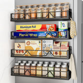 Mystozer front view of 4-pack magnetic shelves showing black finish and compact storage benefit