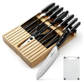 N NOBLE FAMILY knife set front view showing complete 16-piece collection and block, organized for convenience