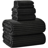 NALIVO front view of boxed black towel set showcasing complete six-piece collection and convenience