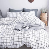 Nanko front view of grid duvet cover showcasing clean preppy design and calm aesthetic