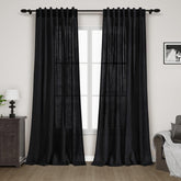 Nanspring front view of two black linen curtain panels, shows neat fold and hem