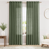 Nanspring curtain front view showing olive green texture and modern farmhouse style