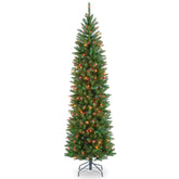 National Tree Company Kingswood Fir full front view showing slim silhouette and festive lights