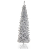 National Tree Company silver tinsel tree front view showing slim profile and shiny finish