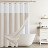Naturoom front view of beige linen shower curtain showing elegant drape and neutral tone
