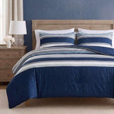 Nautica comforter front view showing heathered blue stripes and coordinated style benefits