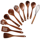 NAYAHOSE front view of full 10-piece teak wood utensil set showing organized layout and durability