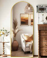 NBGV arched full-length mirror front view showing elegant gold finish benefit of room brightening