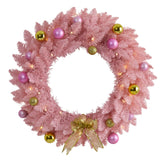 Nearly Natural front view of pink wreath showing festive ornaments and bow benefit: eye-catching entrance