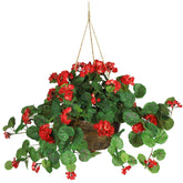 Nearly Natural front view of hanging geranium basket showing vibrant color and instant decor