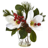 Nearly Natural magnolia arrangement front view showing festive centerpiece benefit