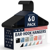 neaties front pack showing 60 black hangers and neat stacked benefit space-saving