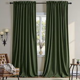 Nemia front view of olive green velvet curtains showing full coverage and luxury