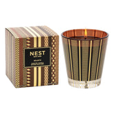 NEST New York Hearth candle front view showing brown glass and gold pattern, elegant display