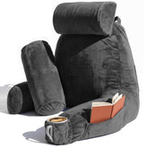 Nestl front view of dark grey reading pillow showing full back support benefit