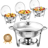 NEWKITCHEN front view of 5QT chafing dish showing polished stainless finish and glass lid for elegant presentation
