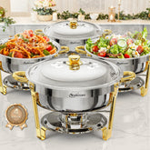 NEWKITCHEN front view of four chafing dishes showing polished finish and presentation benefit