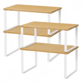 NEX front view of four-piece bamboo shelf set showing compact storage benefit