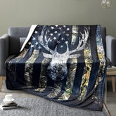 NHBTGSF front view of camo deer blanket showing print and packaging benefit warmth