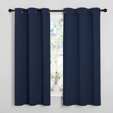 NICETOWN navy curtains front view showing two panels and packaging benefit: ready-to-hang