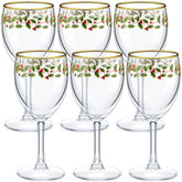 Nitial glass set front view showing six holly berry wine glasses for festive serving