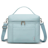 NOL light blue front view shows compact stylish lunch bag and easy-carry benefit