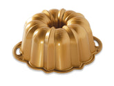Nordic Ware Anniversary Bundt front view showing gold finish and easy release