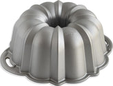 Nordic Ware front view of silver Anniversary Bundt pan showing shape and flutings benefits easy presentation