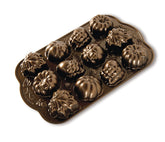 Nordic Ware pan front view showing 12 autumn shapes and reliable baking capacity