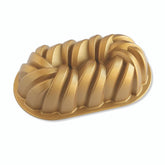 Nordic Ware front view of gold braided loaf pan showing shape and finish benefits