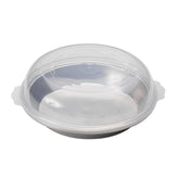 Nordic Ware front view of covered pie pan showing full set and benefit of even baking
