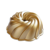 Nordic Ware front view of swirl Bundt pan showing graceful spiral design and visual appeal
