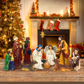 Norrclp front view of the complete 11-piece nativity set showing full scene layout and balance