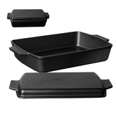 Northriver Casting front view of rectangular Dutch oven showing lid and handles, durable cook surface