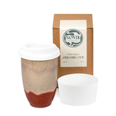 NOVA CERAMICS Jupiter mug front view showing bold red glaze and lid for stylish drinking