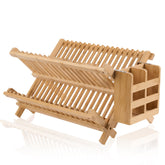 NOVAYEAH bamboo dish rack front view holding plates and cups for compact drying