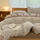 NSNLGSGC front view of tan gingham duvet cover set showing pattern and packaging, easy styling benefit