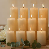 Nuogo front packaging showing all 12 ivory pillar candles and bulk value