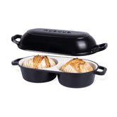 nuovva double dutch oven front view showing twin loaf cavities and sturdy handles for efficient baking