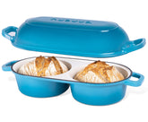 nuovva front view of double loaf dutch oven showing dual cavities and light blue finish for efficient baking