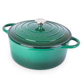 nuovva front view of dark green Dutch oven showing design and versatility