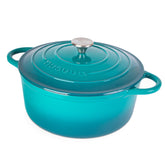 nuovva front view of teal Dutch oven showing elegant design and tabletop appeal